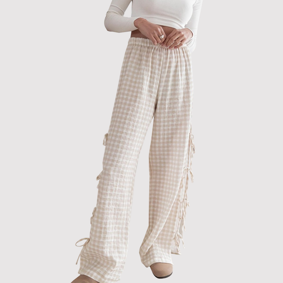 Wide Leg Pants Women with High Waist and Check Pattern in Muslin