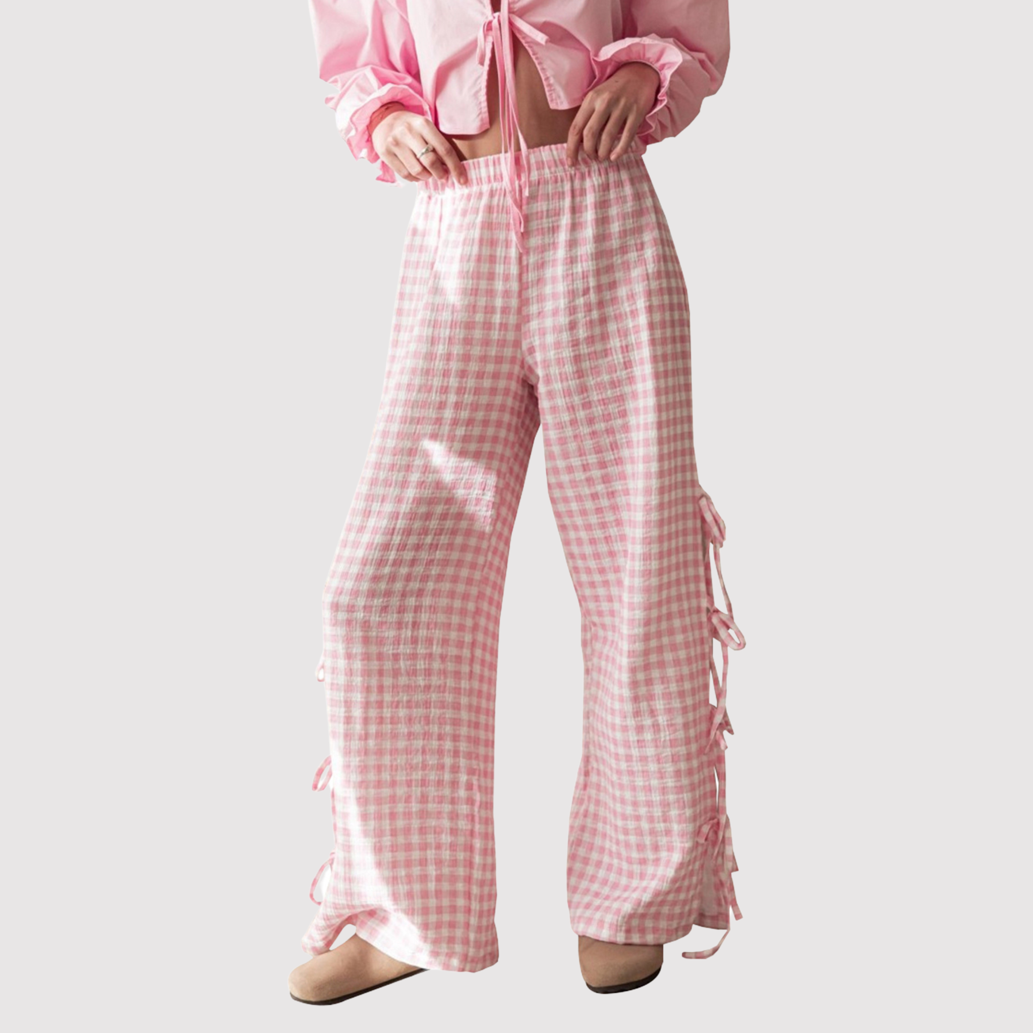 Wide Leg Pants Women with High Waist and Check Pattern in Muslin