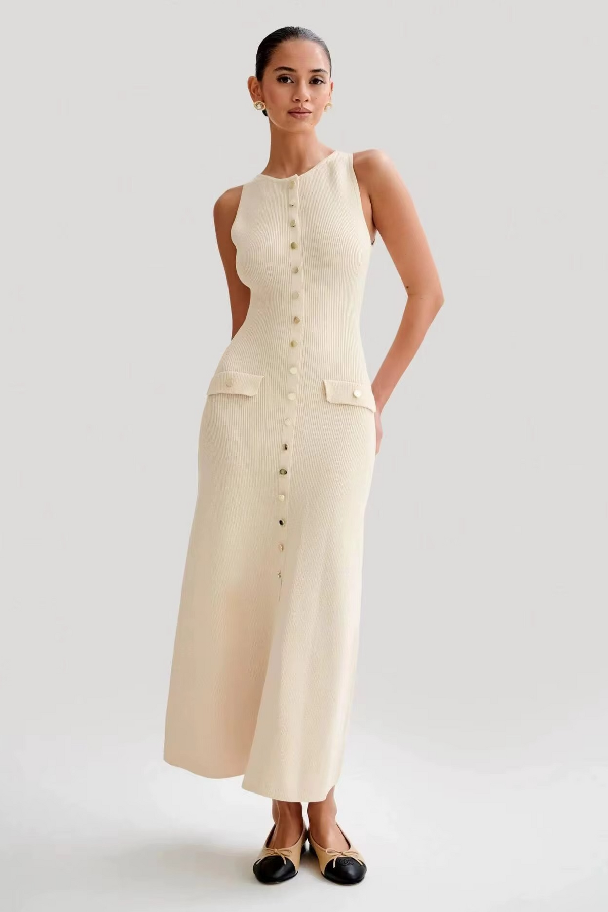 Women's Button-Front Rib-Knit Midi Dress