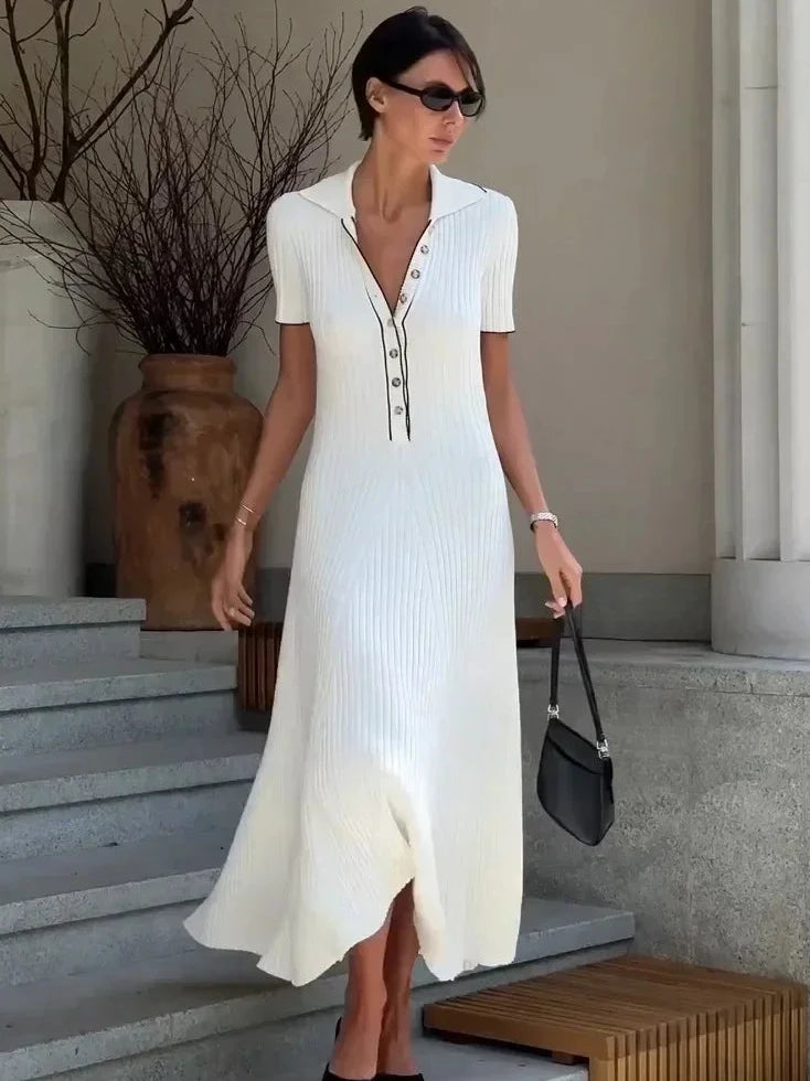 Maxi Dress with Polo Collar in Lightweight Tricot Knit