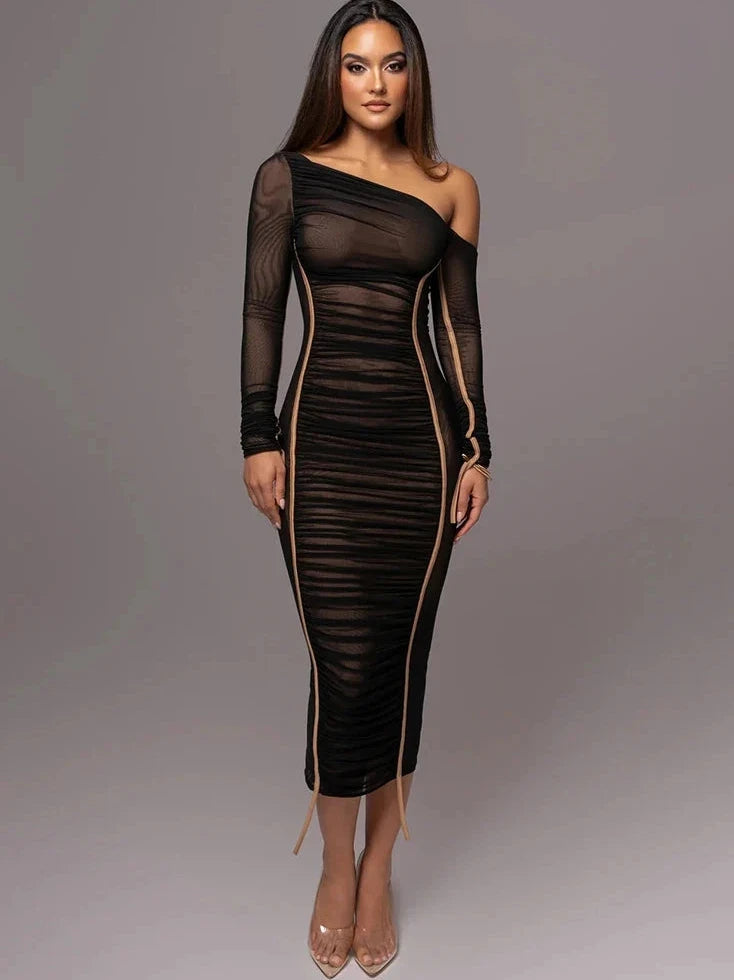 Midi Dress with One Shoulder Cutout and Ruched Bodycon Fit