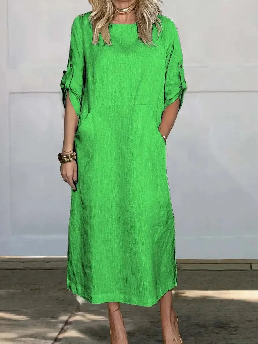 Womens Summer Dress in Linen Look with Roll Tab Sleeves and Pockets