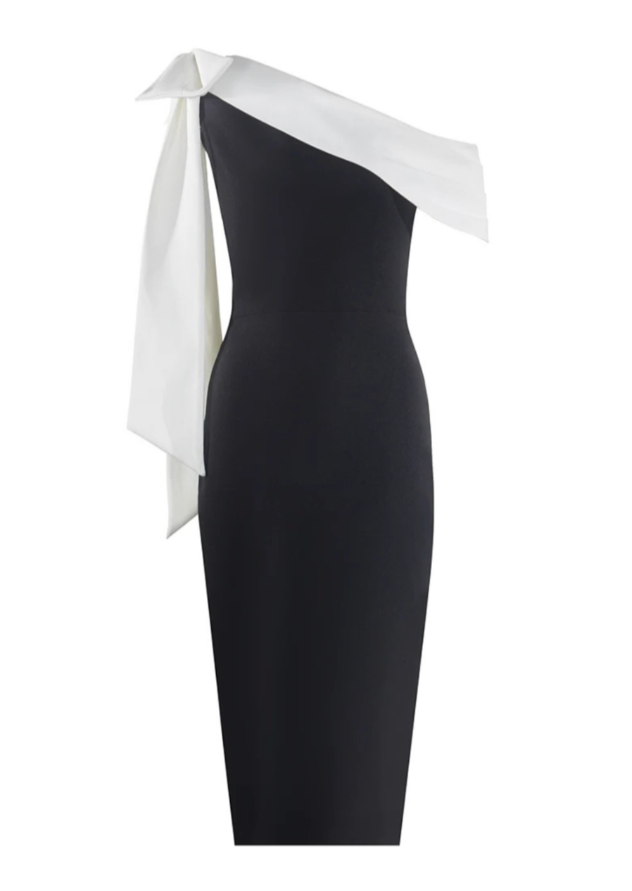 Women's Midi Dress with Asymmetric Neckline in Stretch Fabric