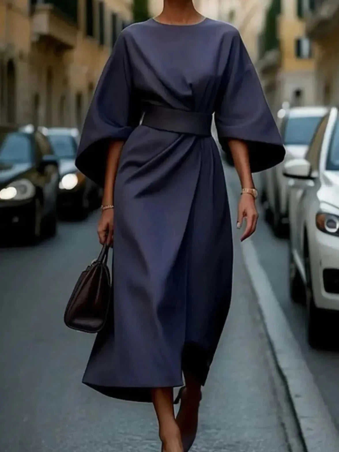 Women's Midi Dress with Wrap Skirt and Batwing Sleeves
