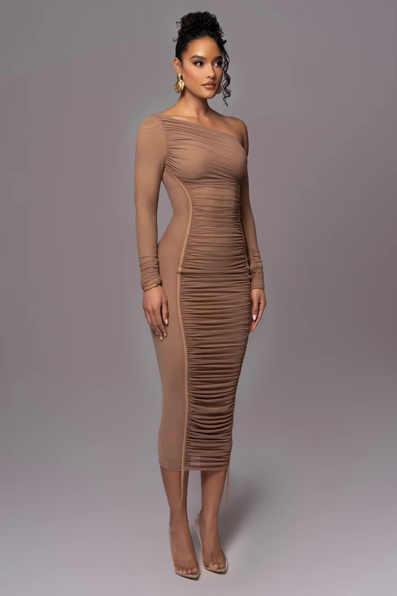 Midi Dress with One Shoulder Cutout and Ruched Bodycon Fit