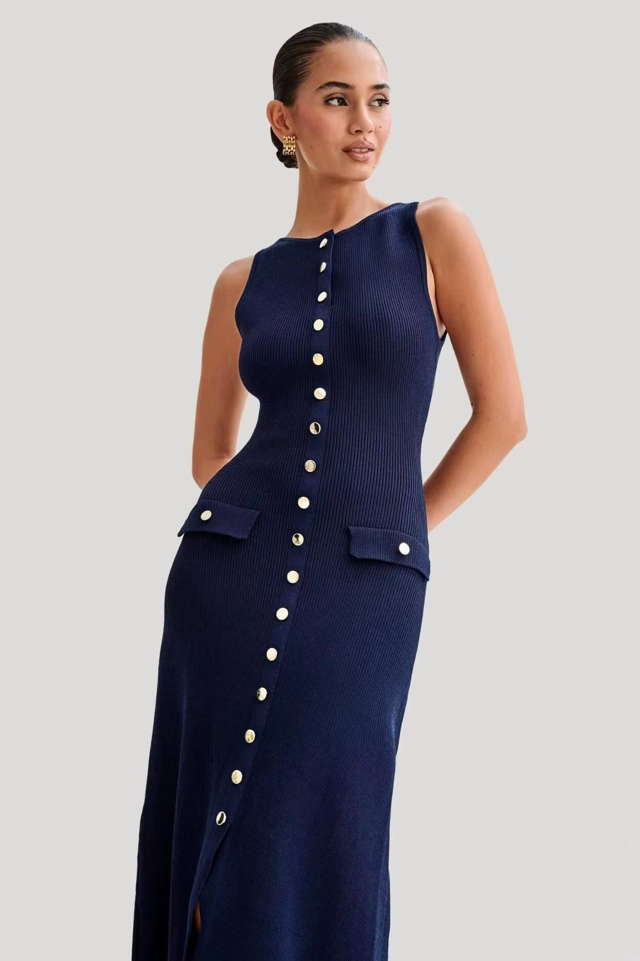 Women's Button-Front Rib-Knit Midi Dress