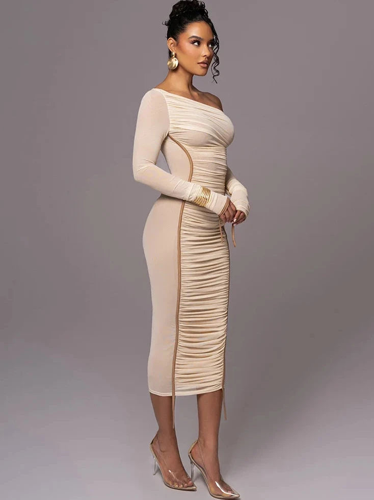 Midi Dress with One Shoulder Cutout and Ruched Bodycon Fit
