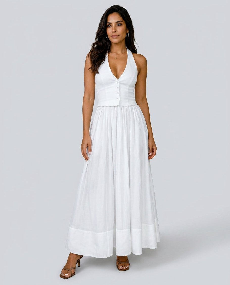 Women's Sleeveless Maxi Dress with Halter V Neck in Polyester
