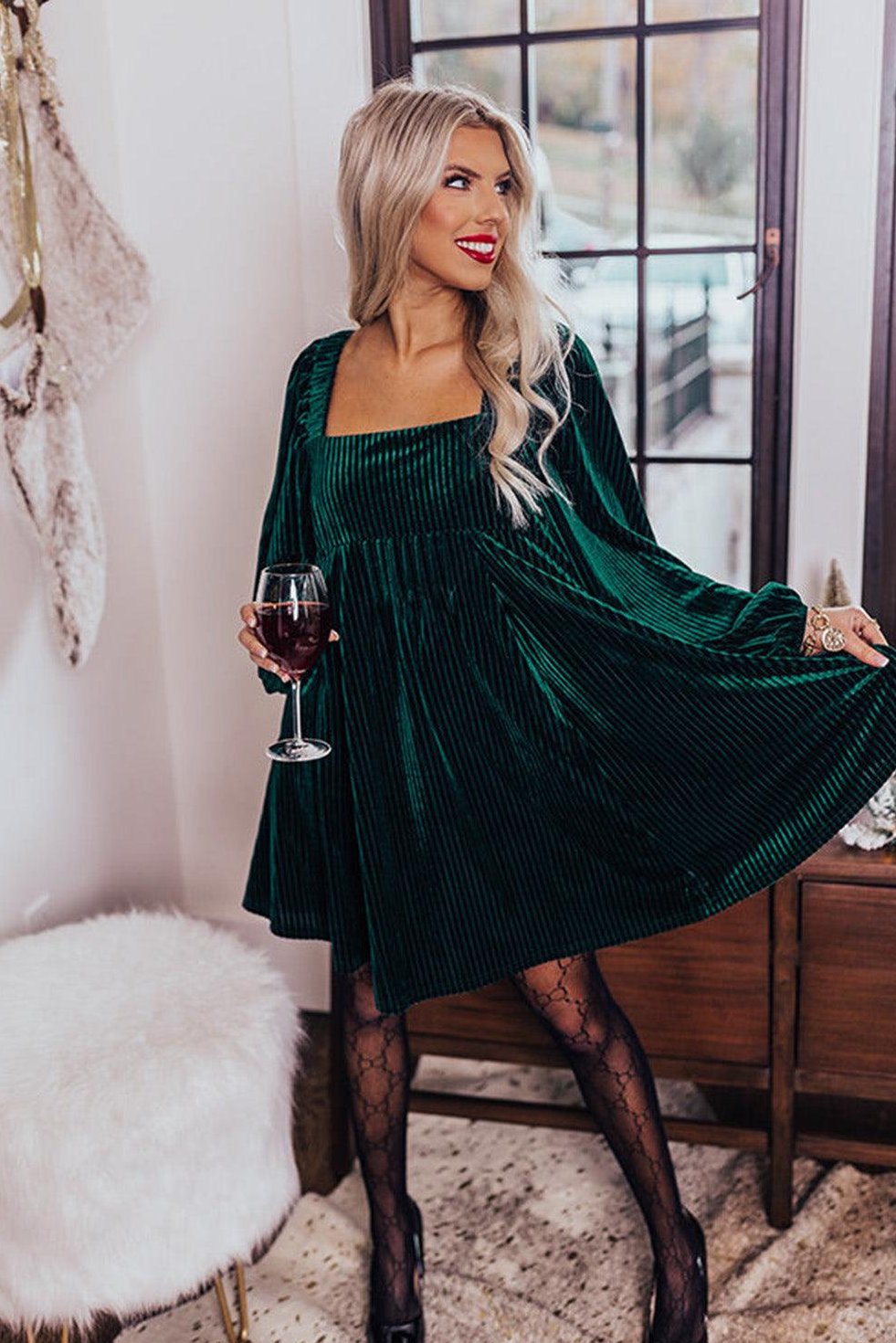 Babydoll Mini Dress with Square Neckline in Velvet-Feel Fabric