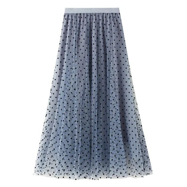 Womens Long Skirt with Polka Dot Tulle Layers and Elastic Waist