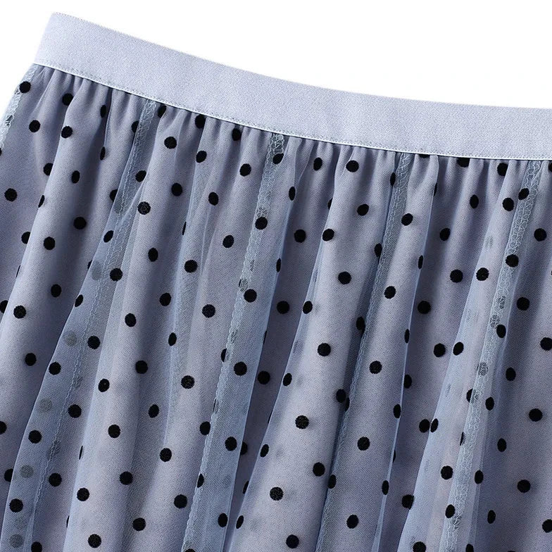 Womens Long Skirt with Polka Dot Tulle Layers and Elastic Waist