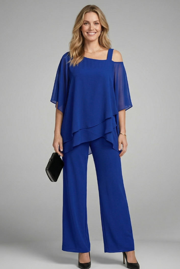 Women's Asymmetrical Chiffon Pant Set with Wide-Leg Trousers