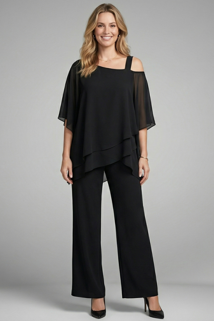 Women's Asymmetrical Chiffon Pant Set with Wide-Leg Trousers