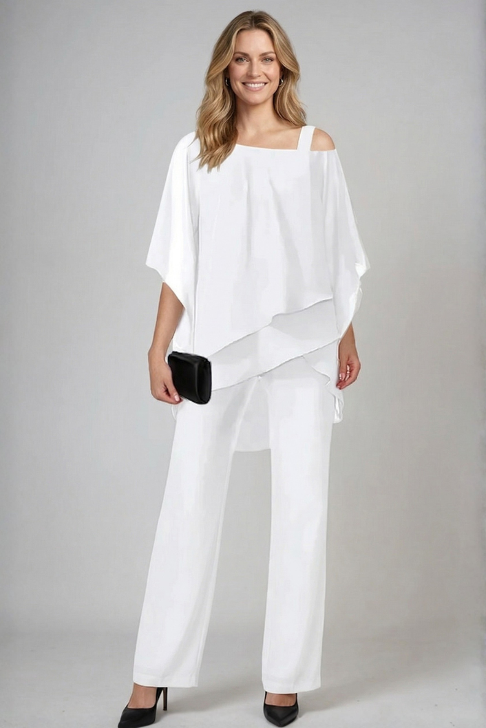 Women's Asymmetrical Chiffon Pant Set with Wide-Leg Trousers