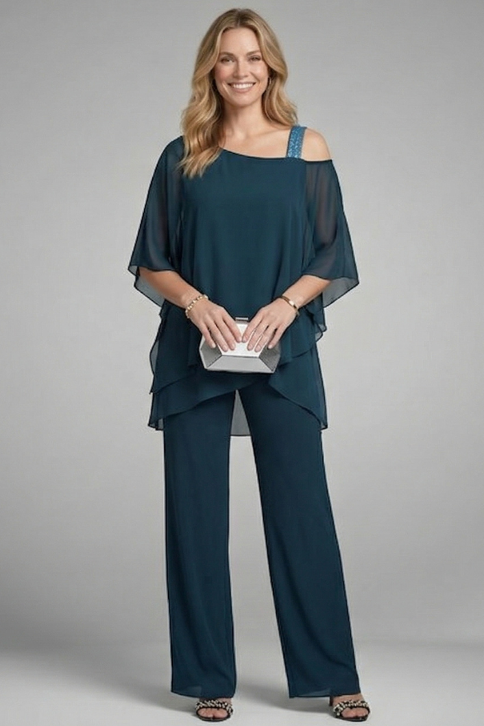 Women's Asymmetrical Chiffon Pant Set with Wide-Leg Trousers