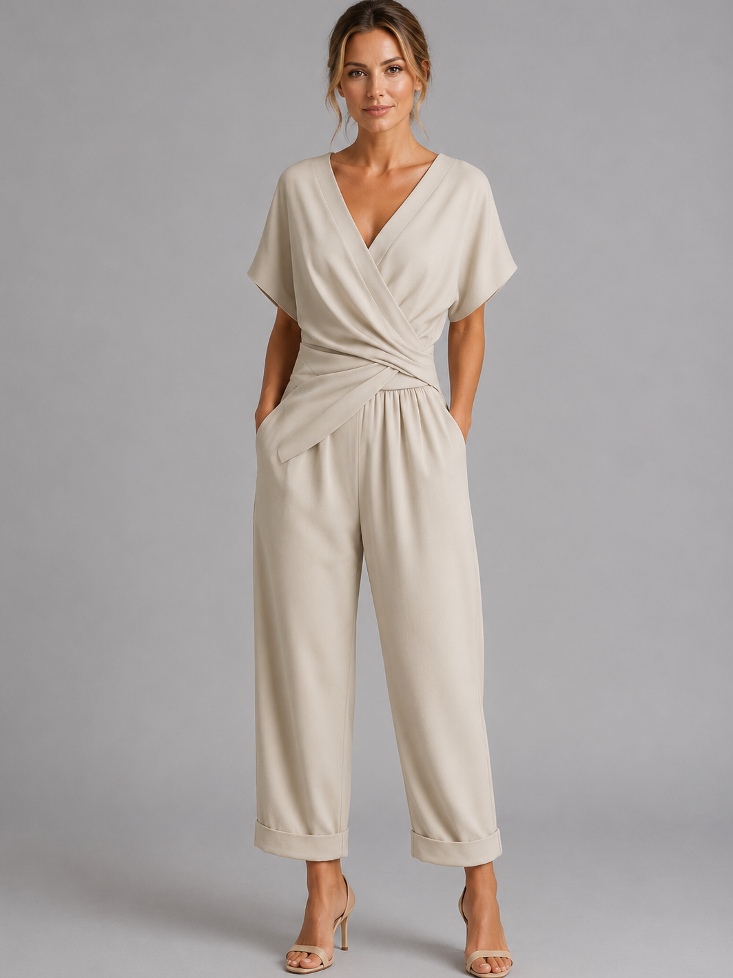 Women's Wrap Front Two Piece Set with Cropped Trousers