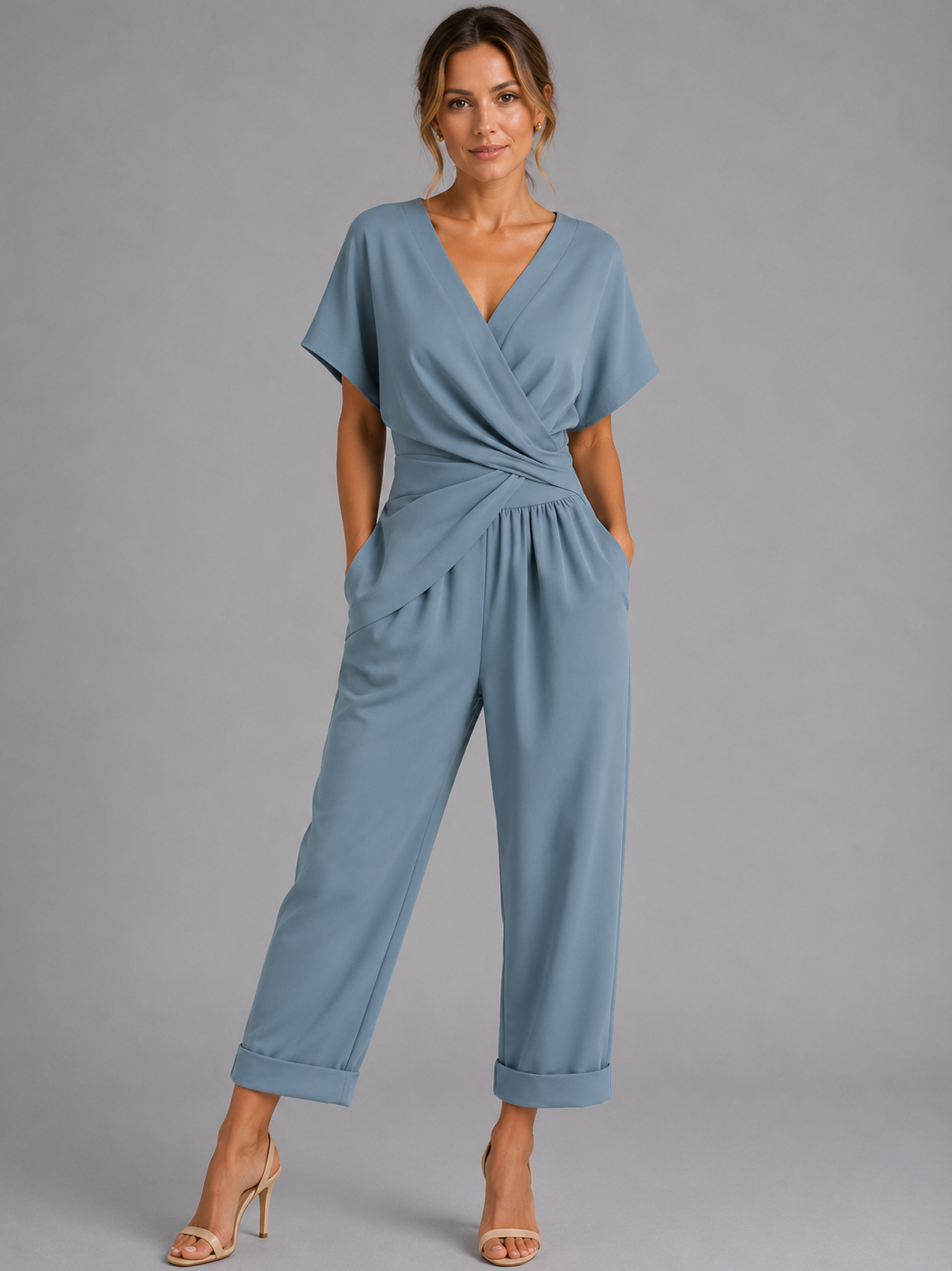 Women's Wrap Front Two Piece Set with Cropped Trousers