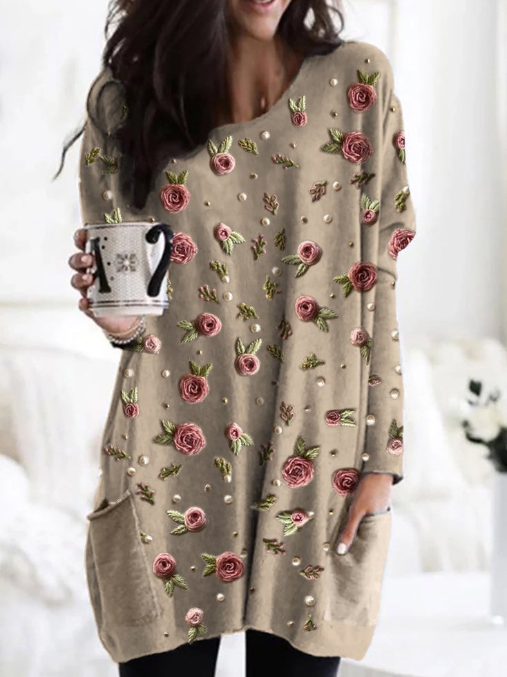 Womens Floral Top Tunic with Rose Print, Beaded Detail and Pockets