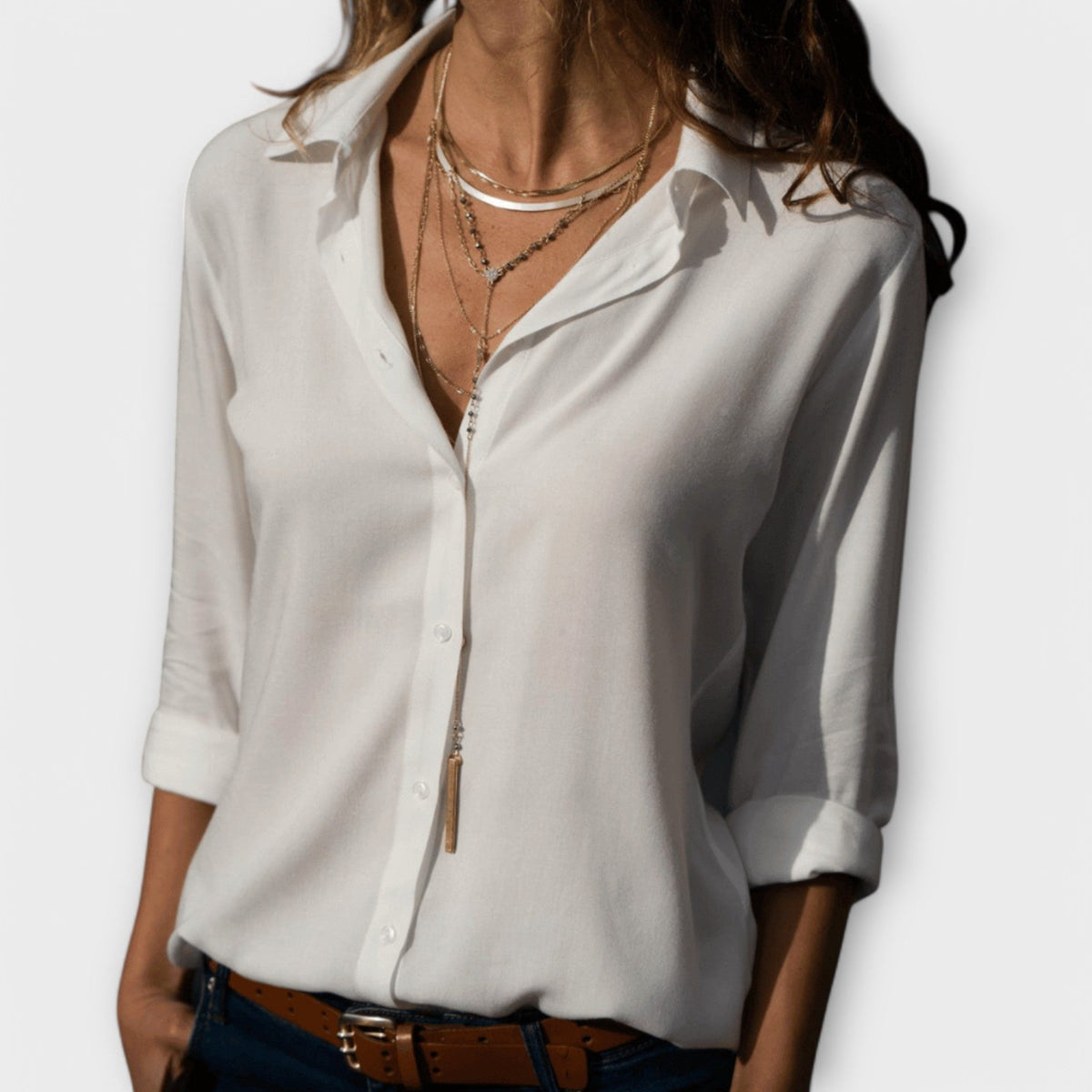 Womens Button Up Shirt with Point Collar and Long Cuffed Sleeves