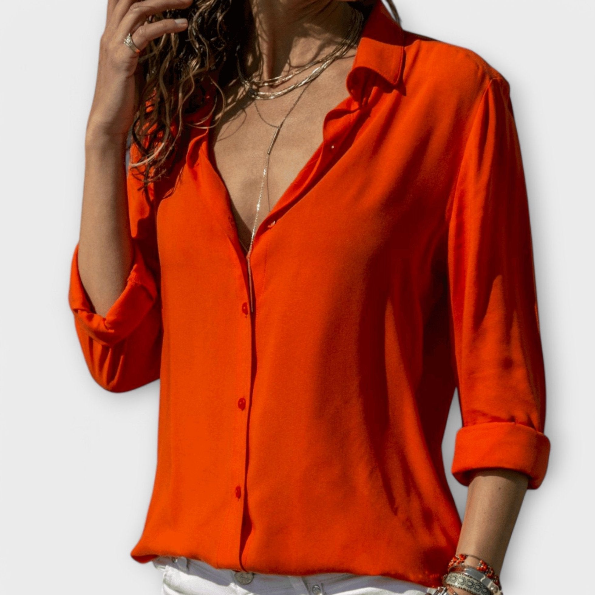 Womens Button Up Shirt with Point Collar and Long Cuffed Sleeves
