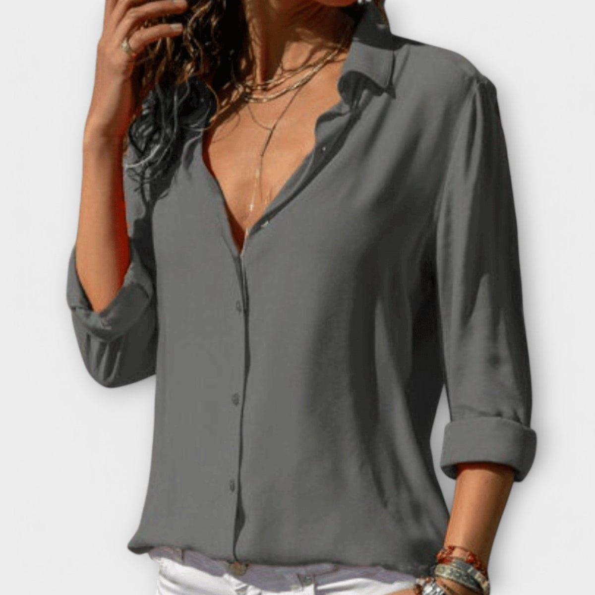 Womens Button Up Shirt with Point Collar and Long Cuffed Sleeves