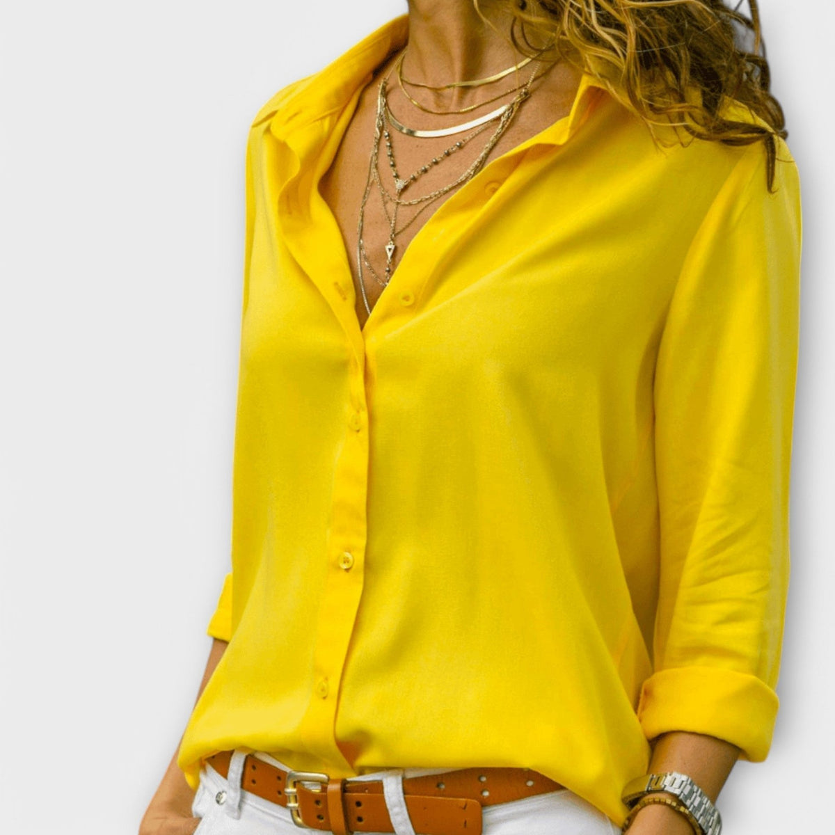 Womens Button Up Shirt with Point Collar and Long Cuffed Sleeves