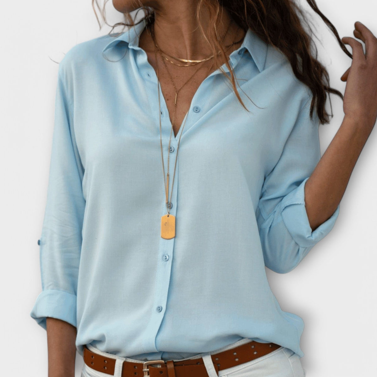 Womens Button Up Shirt with Point Collar and Long Cuffed Sleeves
