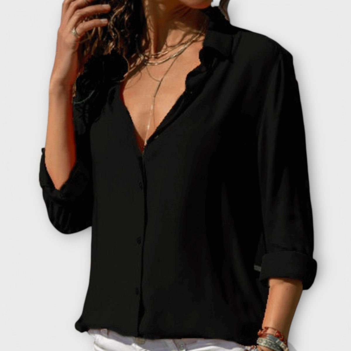 Womens Button Up Shirt with Point Collar and Long Cuffed Sleeves