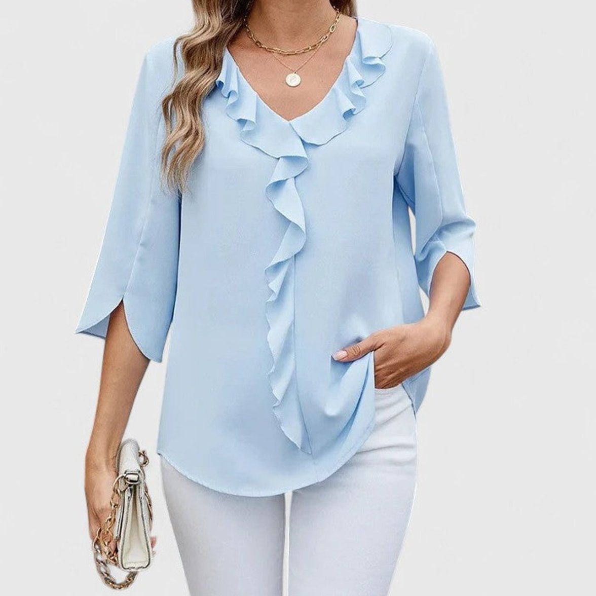 Womens Work Blouse with Ruffle Front V-Neck and Split 3/4 Sleeves