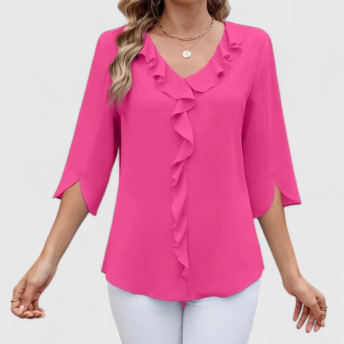Womens Work Blouse with Ruffle Front V-Neck and Split 3/4 Sleeves