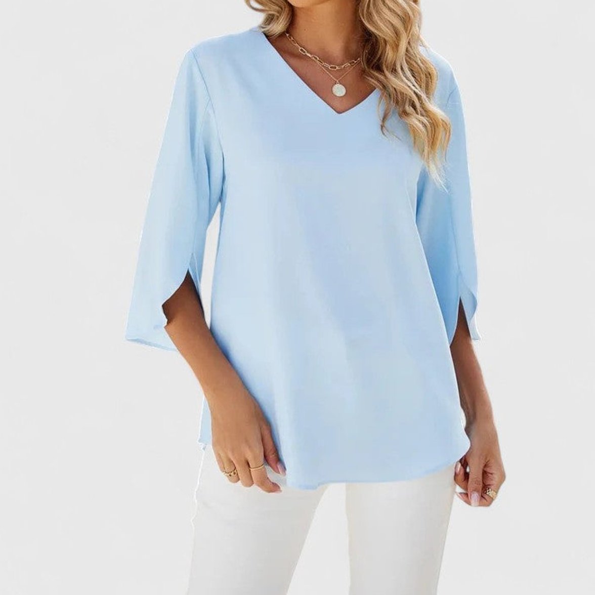 Womens Work Blouse with Ruffle Front V-Neck and Split 3/4 Sleeves