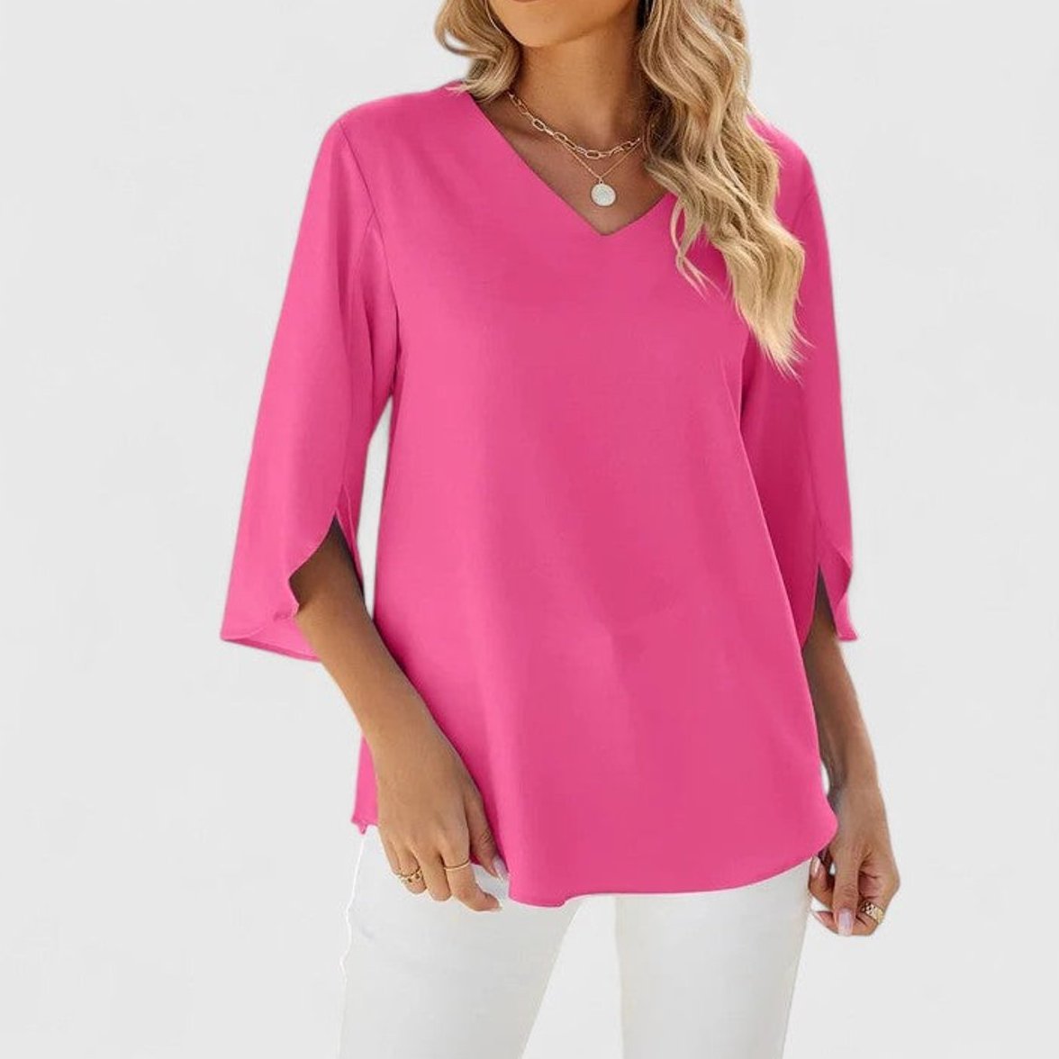 Womens Work Blouse with Ruffle Front V-Neck and Split 3/4 Sleeves