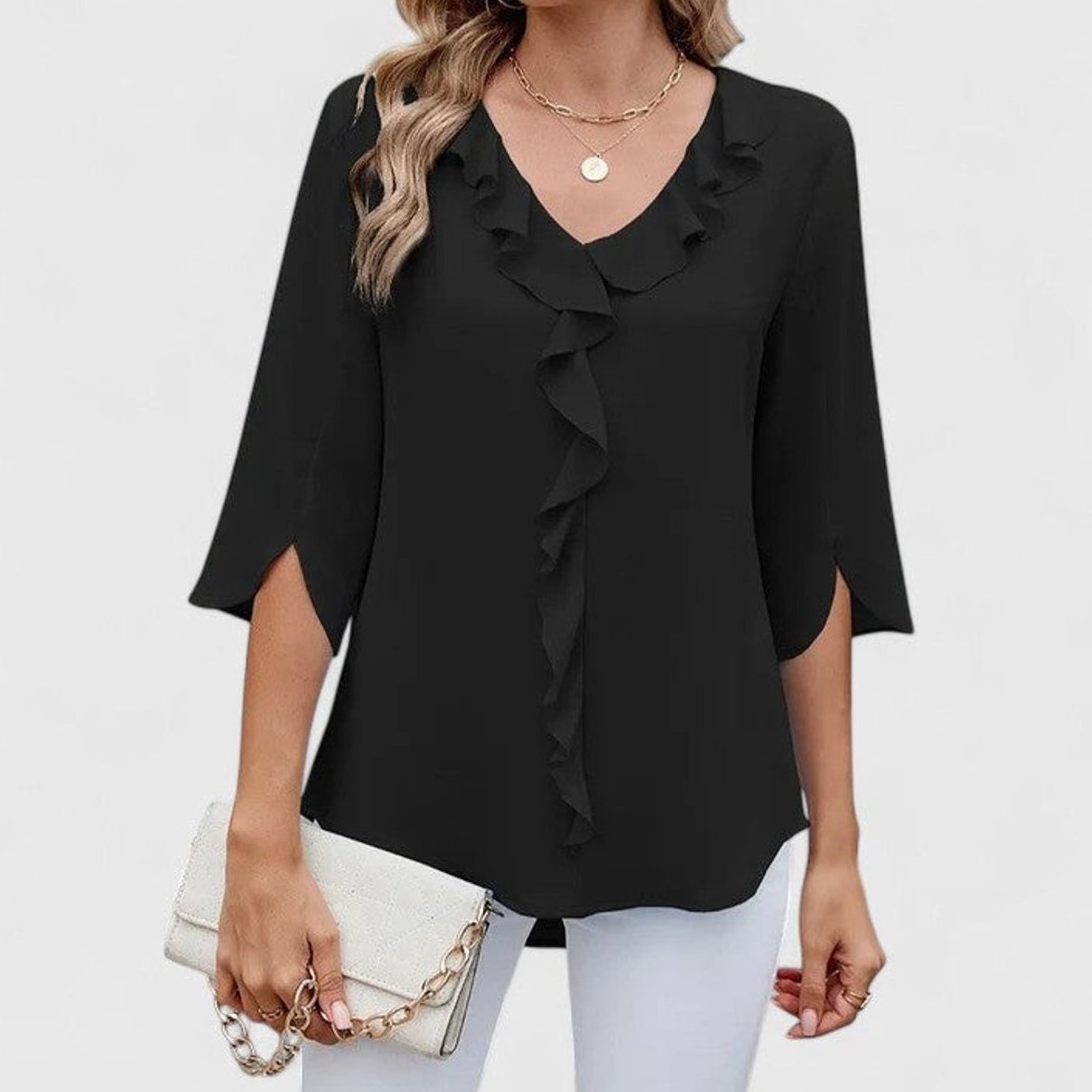 Womens Work Blouse with Ruffle Front V-Neck and Split 3/4 Sleeves