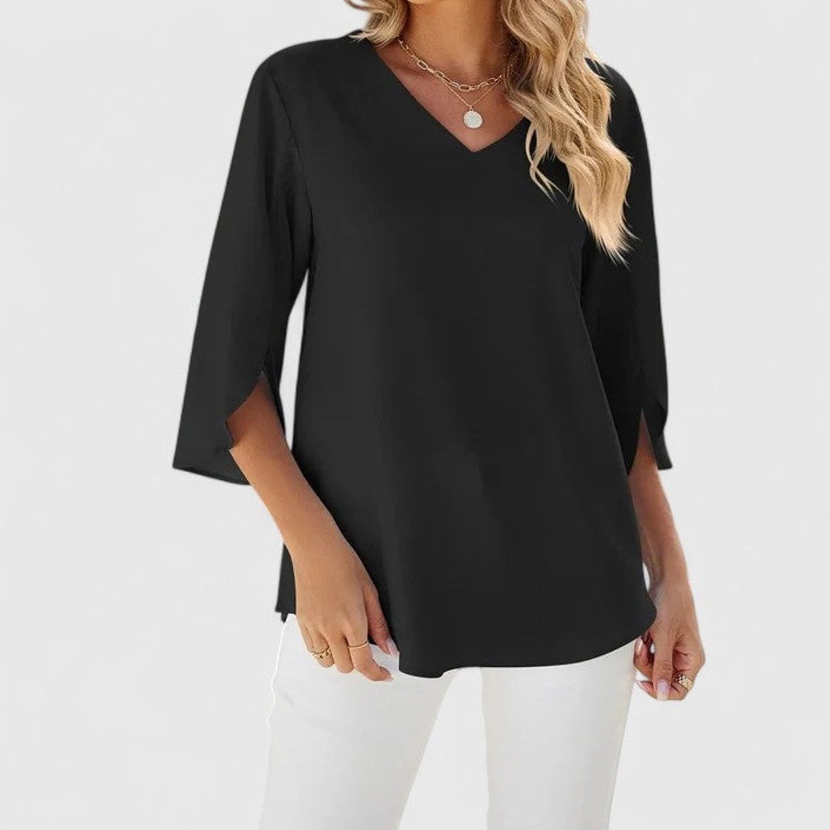 Womens Work Blouse with Ruffle Front V-Neck and Split 3/4 Sleeves