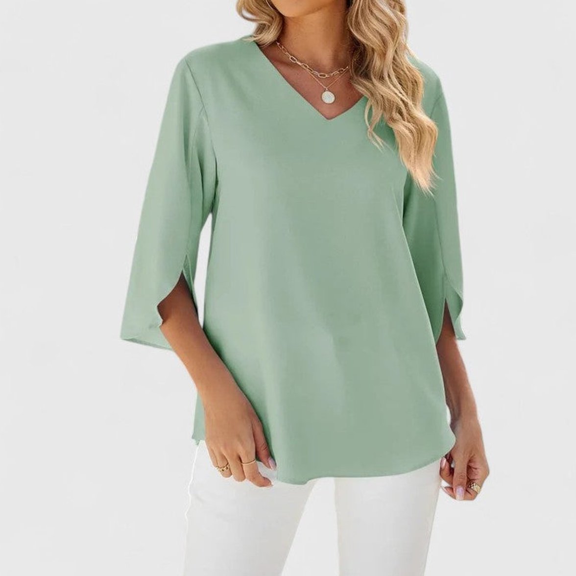 Womens Work Blouse with Ruffle Front V-Neck and Split 3/4 Sleeves