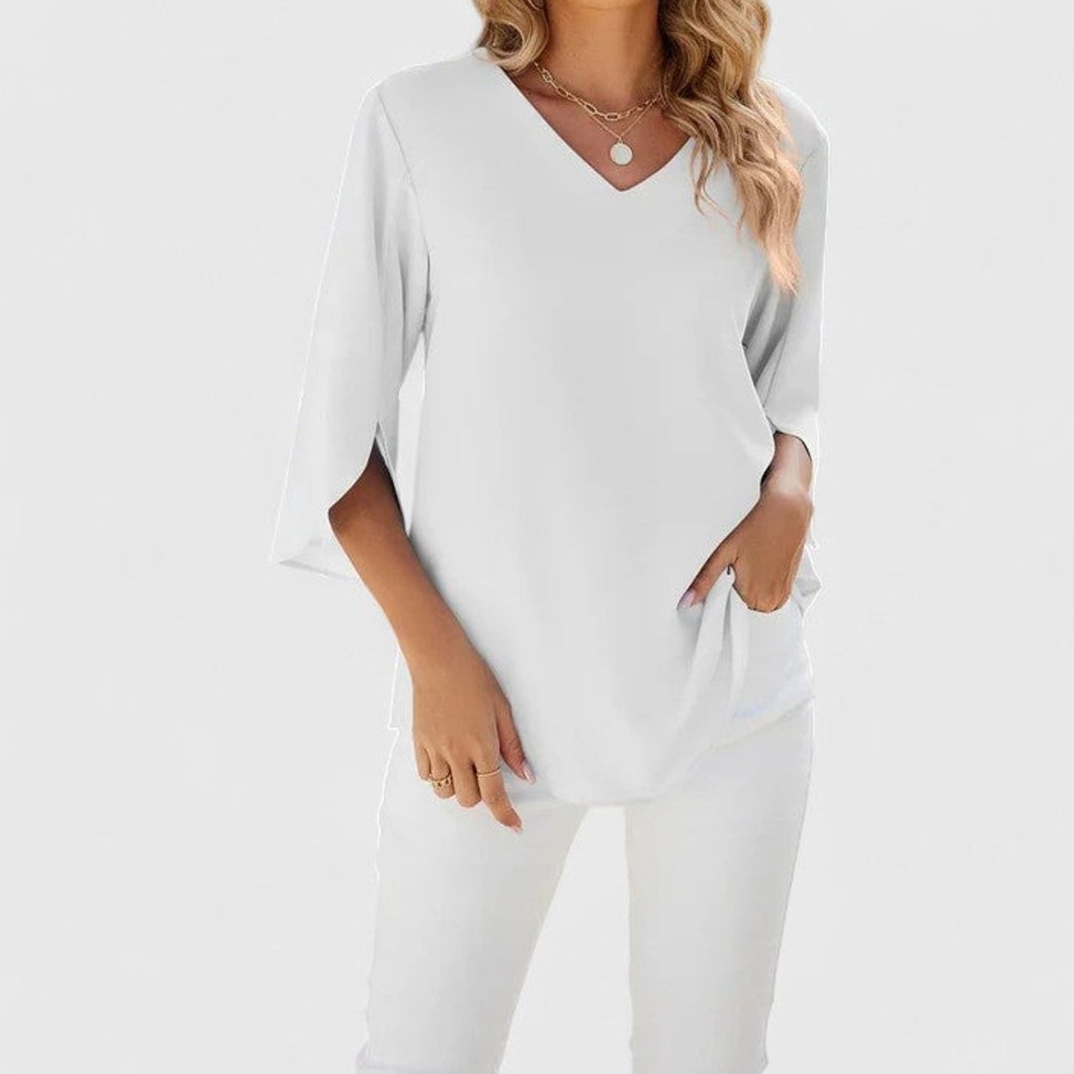 Womens Work Blouse with Ruffle Front V-Neck and Split 3/4 Sleeves
