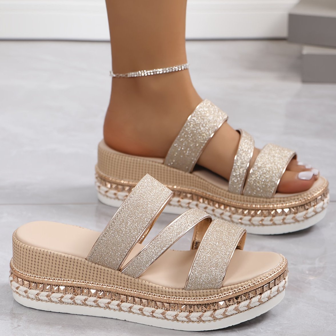 Womens Sandals with Three Glitter Straps on a Wedge Sole in Beige
