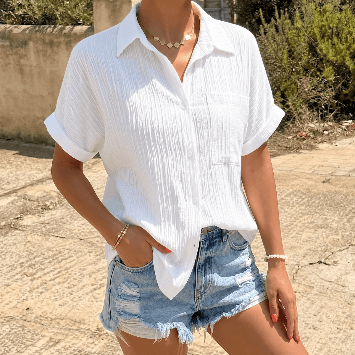 Womens Short Sleeve Blouse in Crinkle Woven Fabric with Relaxed Fit