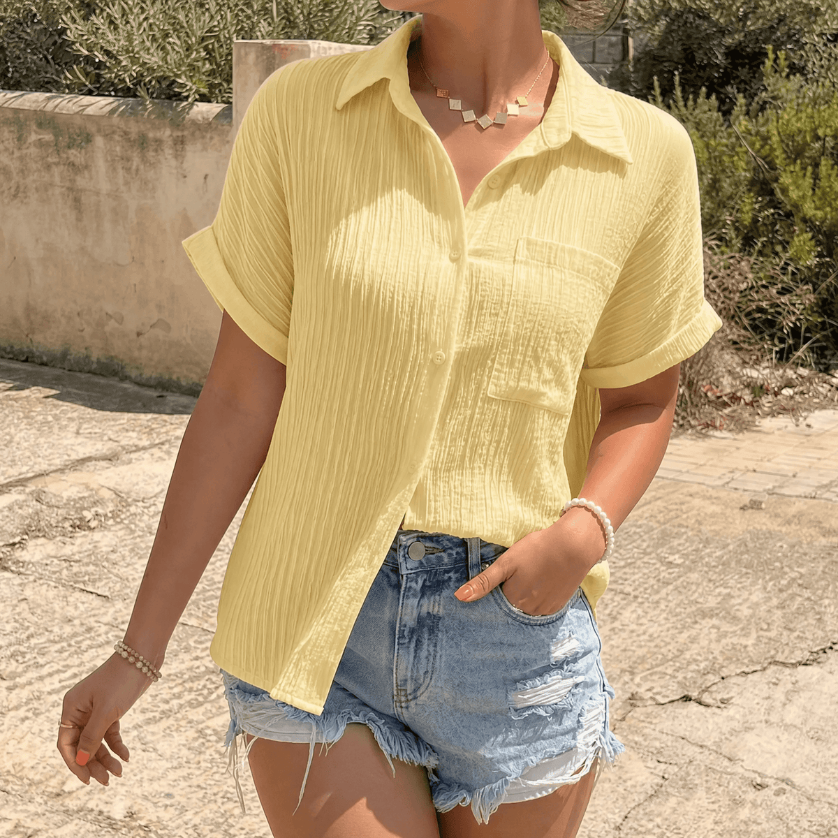 Womens Short Sleeve Blouse in Crinkle Woven Fabric with Relaxed Fit