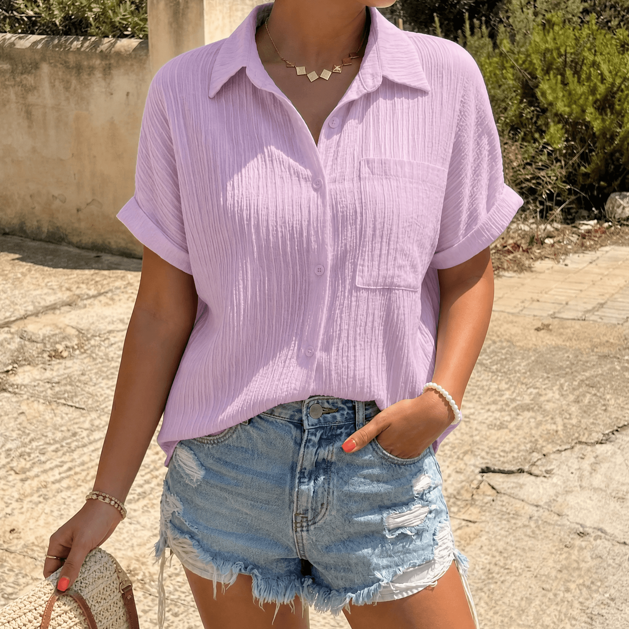 Womens Short Sleeve Blouse in Crinkle Woven Fabric with Relaxed Fit