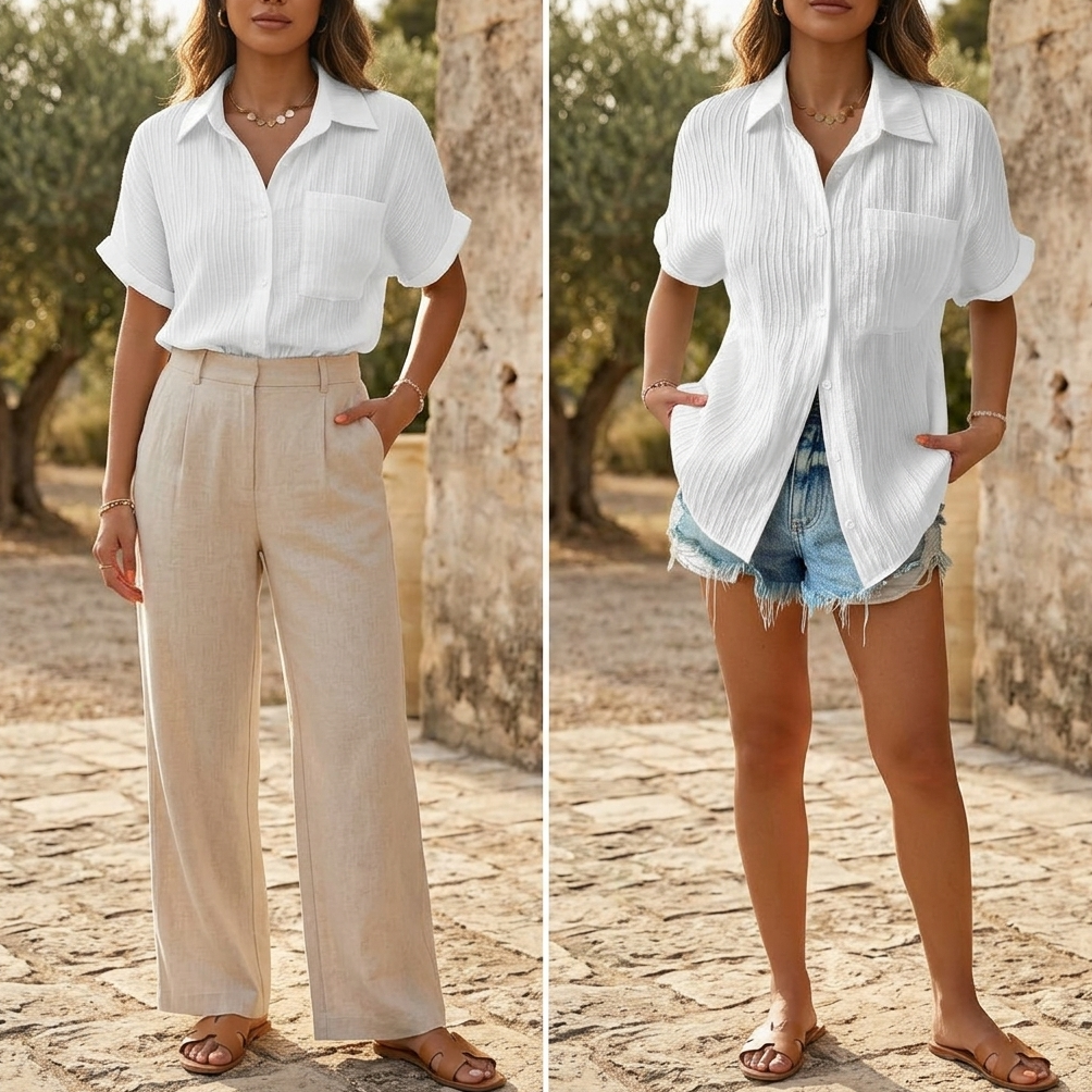 Womens Short Sleeve Blouse in Crinkle Woven Fabric with Relaxed Fit