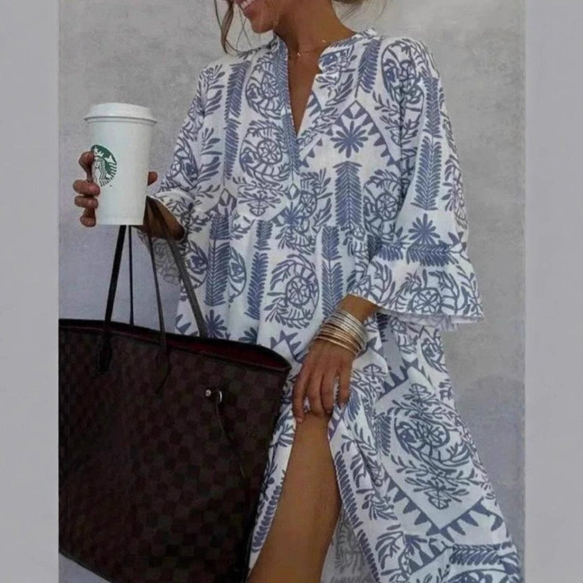 Womens Shirt Dress with Slit Collar and 3/4 Sleeves in Linen Look