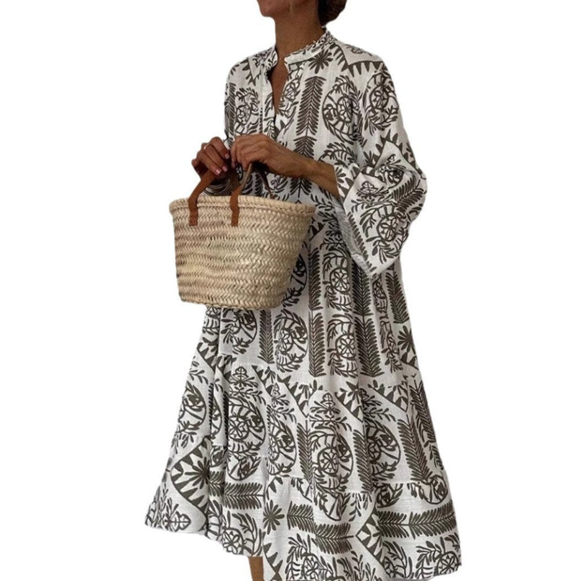 Womens Shirt Dress with Slit Collar and 3/4 Sleeves in Linen Look