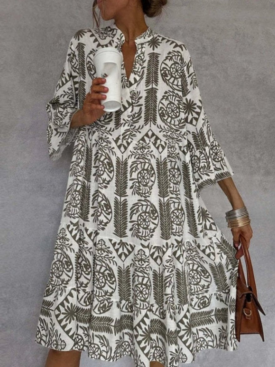 Womens Shirt Dress with Slit Collar and 3/4 Sleeves in Linen Look