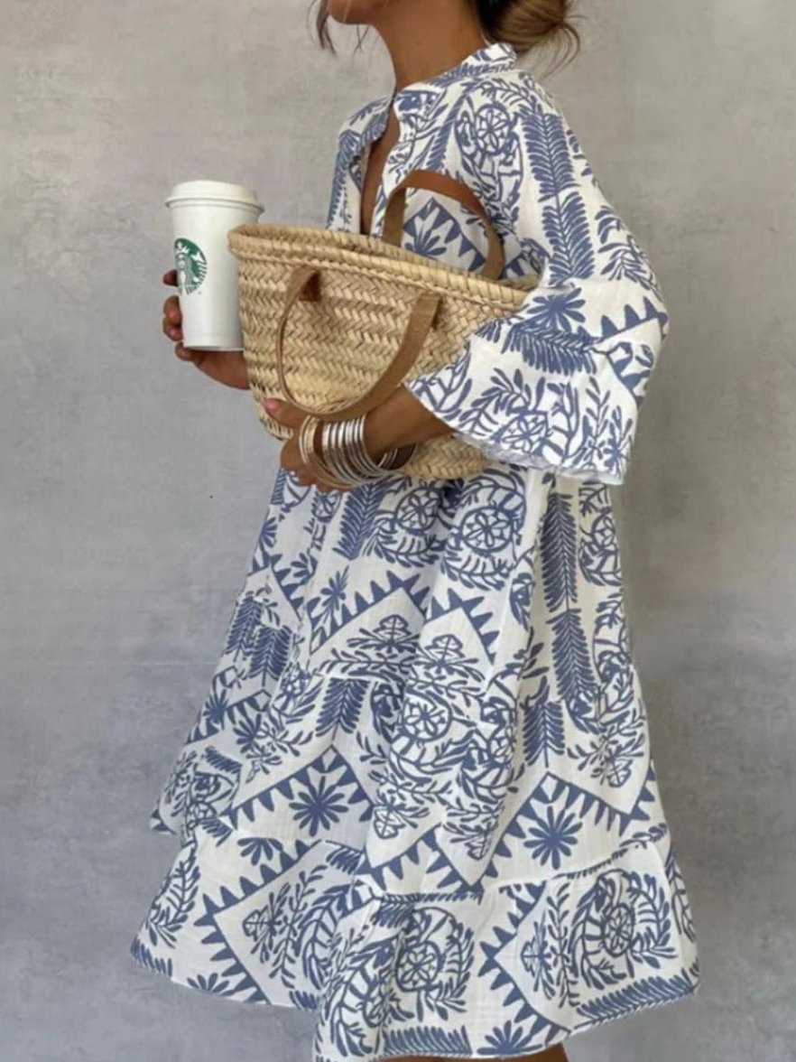 Womens Shirt Dress with Slit Collar and 3/4 Sleeves in Linen Look