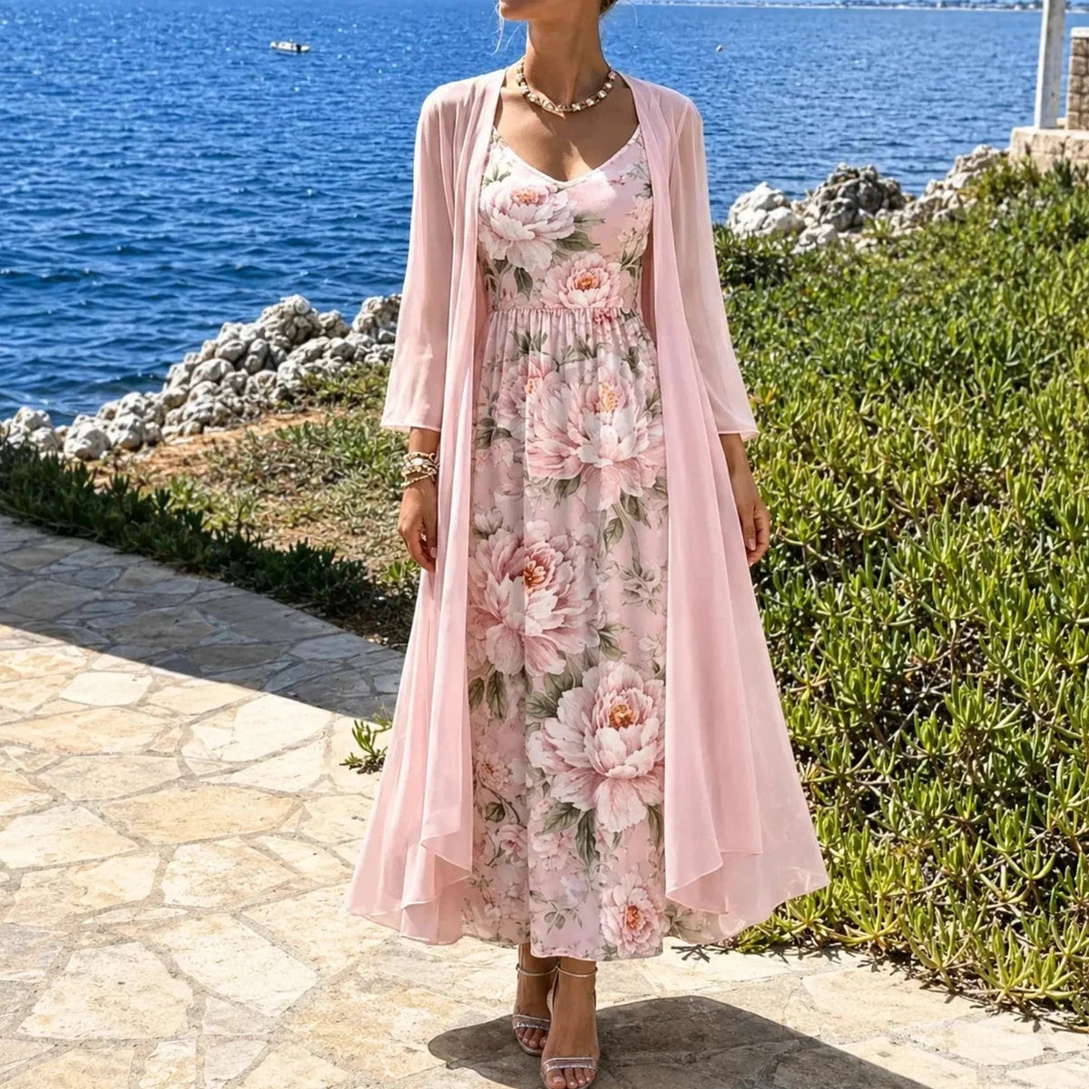 Floral Maxi Dress Two-Piece Set with Sheer Chiffon Duster for Women