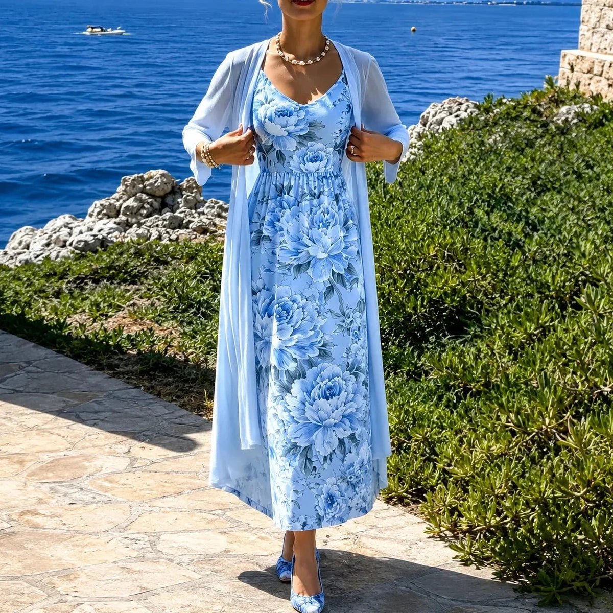 Floral Maxi Dress Two-Piece Set with Sheer Chiffon Duster for Women