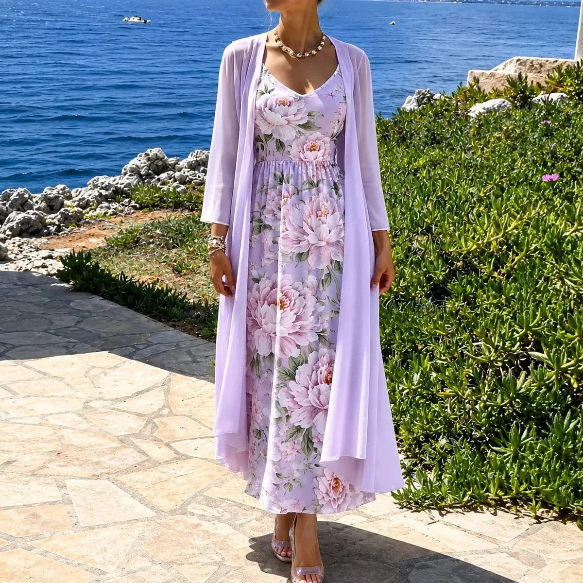 Floral Maxi Dress Two-Piece Set with Sheer Chiffon Duster for Women