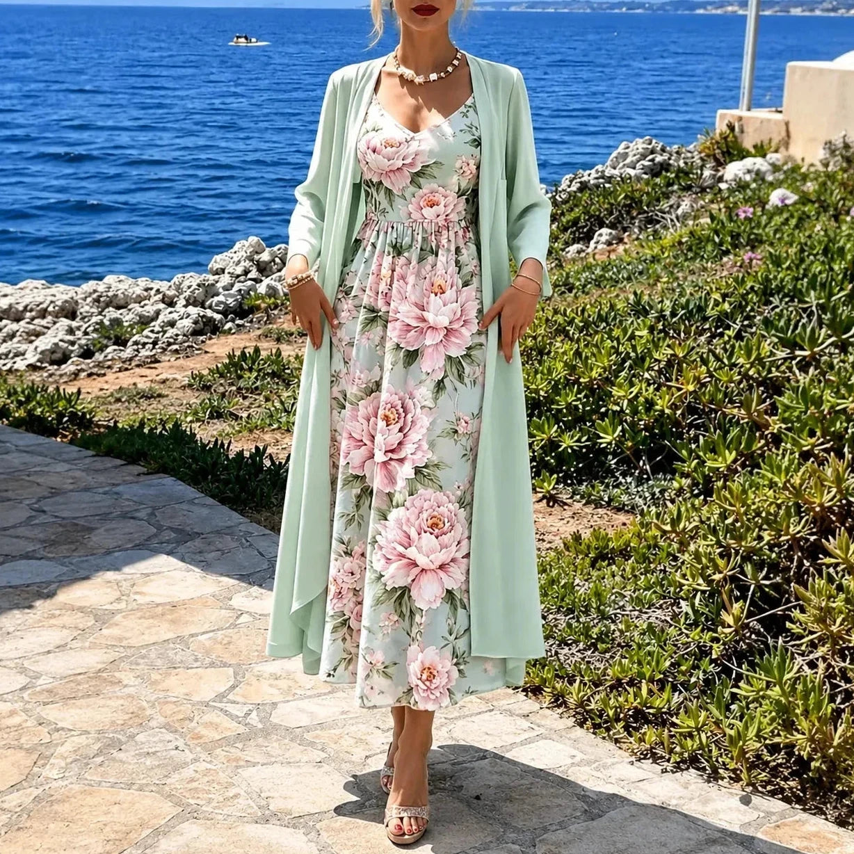Floral Maxi Dress Two-Piece Set with Sheer Chiffon Duster for Women