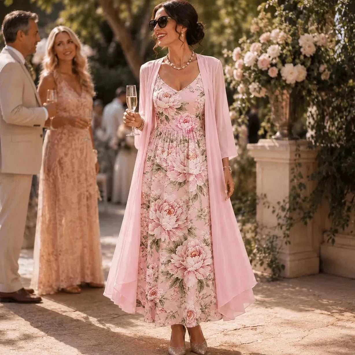 Floral Maxi Dress Two-Piece Set with Sheer Chiffon Duster for Women